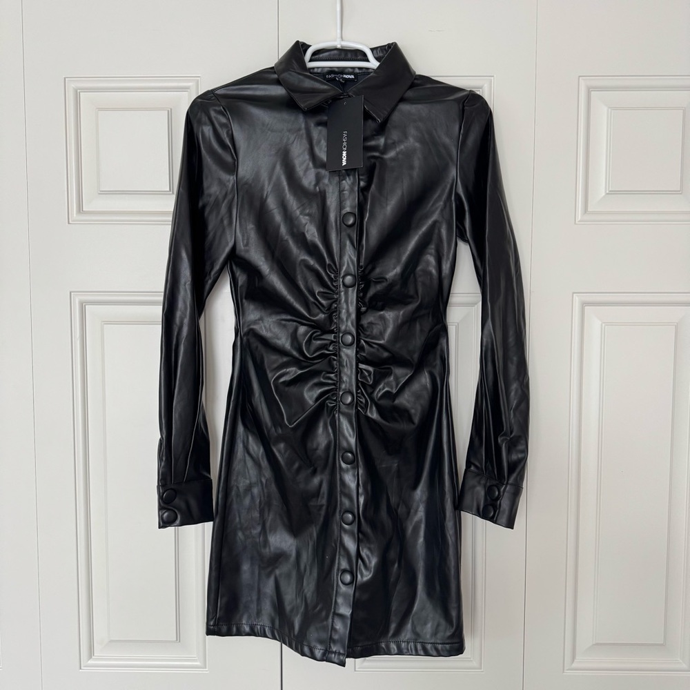 Black Faux Leather Mini Shirt Dress
